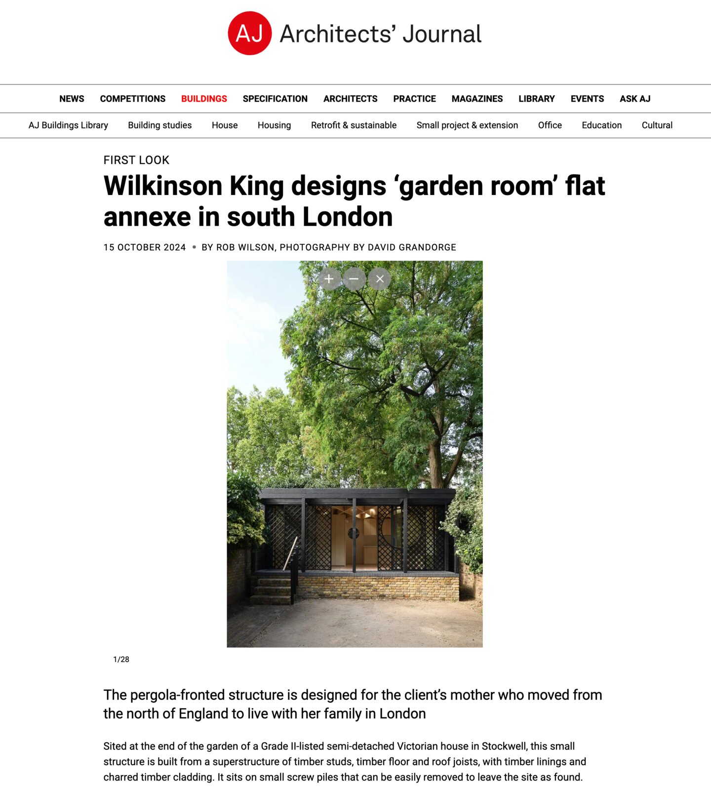 Architects' Journal feature: Wilkinson King designs 'garden room' flat annexe in south London